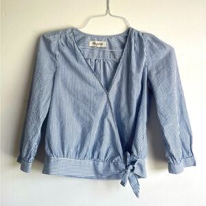 Madewell XS white and blue striped wrap blouse.